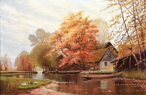 Walter_Moras_-_Spreewald-Idyll_mit_Kanal_und_Haus,_Personen,_Enten_und_Booten
