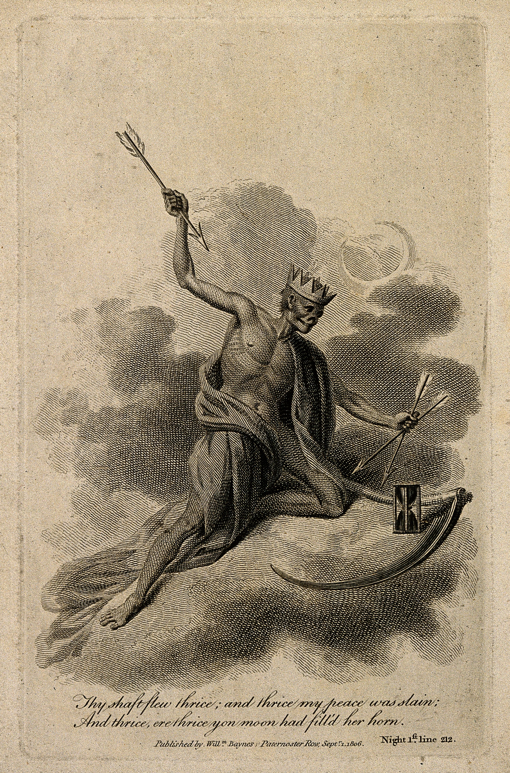 V0007583 A crowned skeleton with three arrows. Etching, 1806.