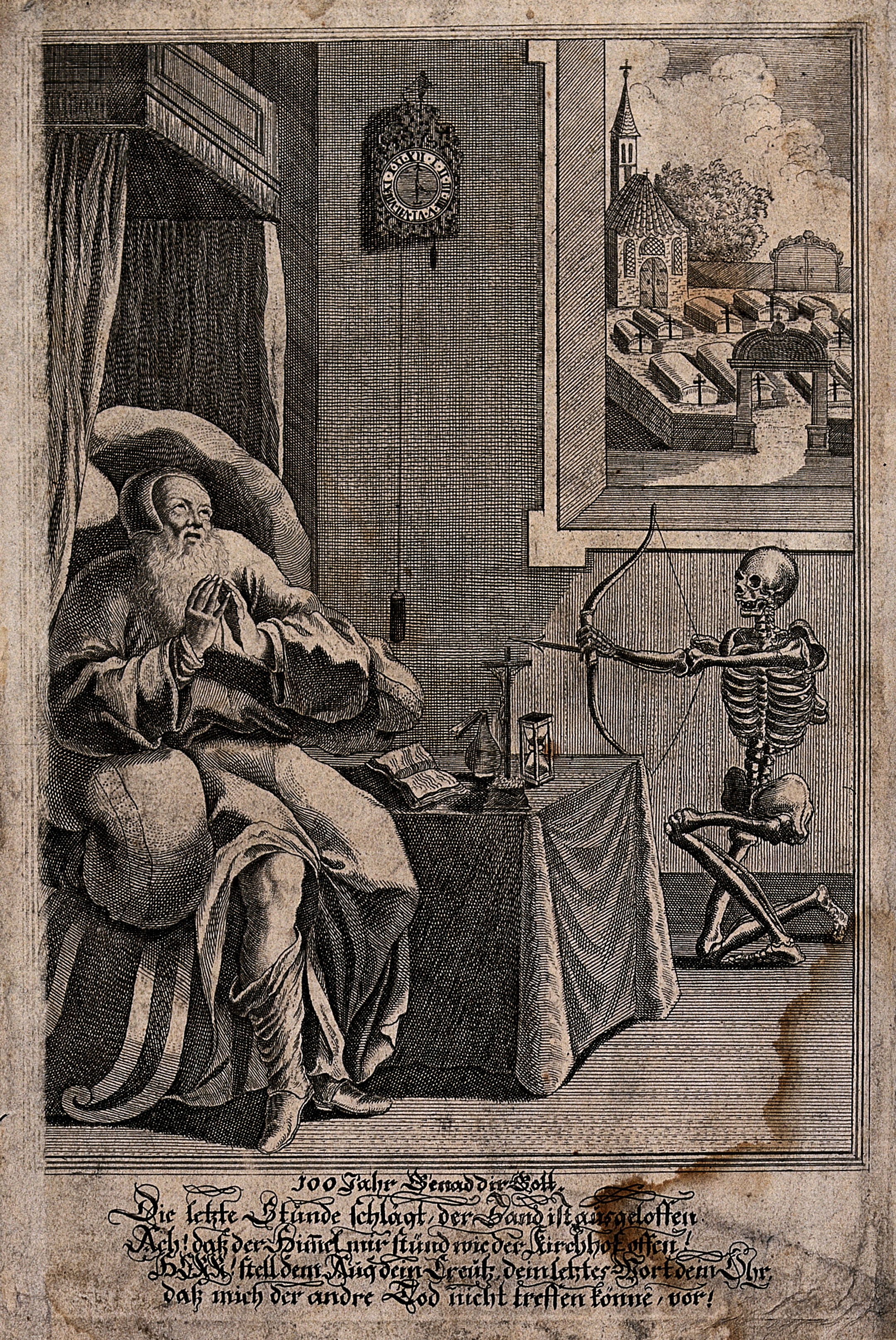 V0042121 A man of a hundred years is Death's target. Etching.